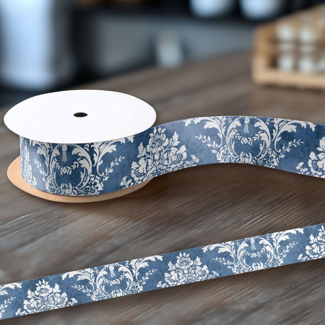 Saphire Blue Vintag Damask Muster und Name Satinband (Custom Ribbon on a Roll - Personalize this ribbon with you text)