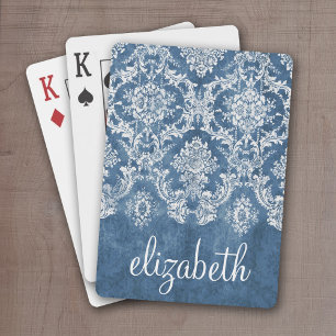 Saphire Blue Vintag Damask Muster und Name Spielkarten