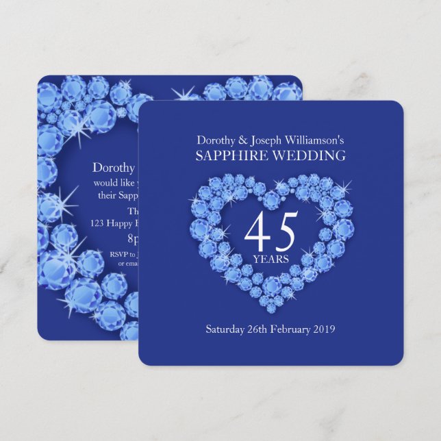 Saphire Hochzeitsherz 45 Jahre Party laden Einladung (Vorne/Hinten)