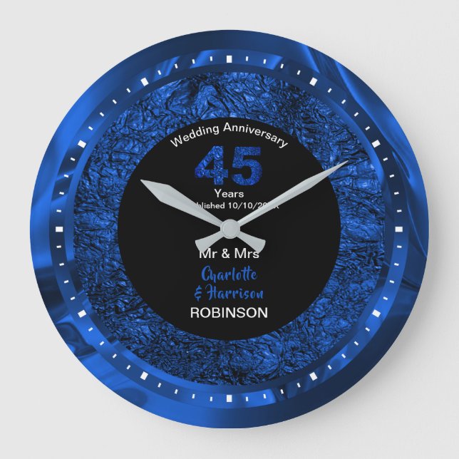 Saphire Wedding Jubiläum 45 Jahre Personalisiert Große Wanduhr (Vorderseite)