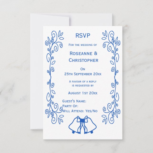 Saphire Wedding RSVP Card Bells Scrollwork Karte (Vorderseite)