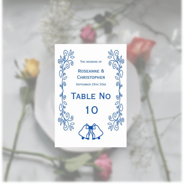 Saphire Wedding Table Card Bells Scrollwork Tischnummer (Sapphire wedding table number card bells and scrollwork design)