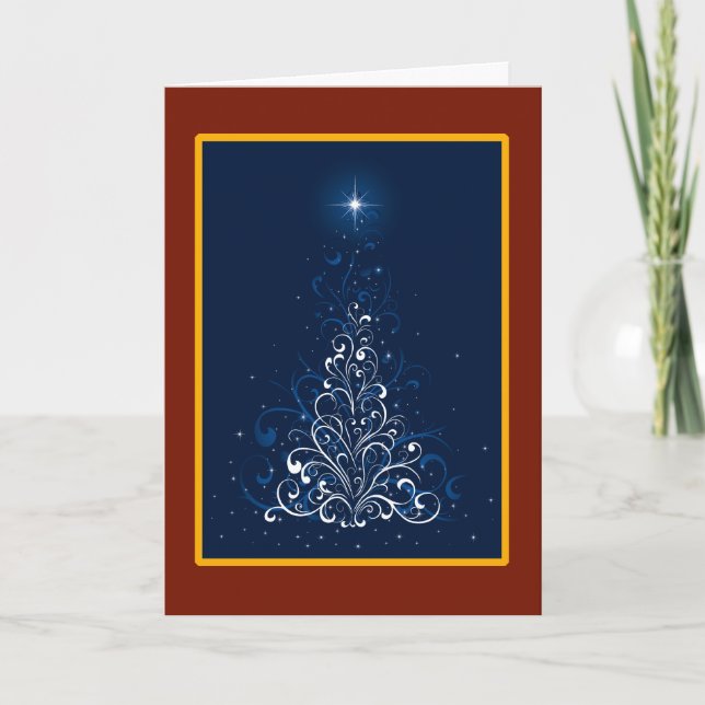 Sapin de Noël tourbillons en carte de Noël bleue (Devant)