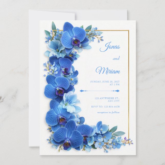 Sapphire Azure Gilded Orchid Botanical Wedding Einladung (Vorderseite)