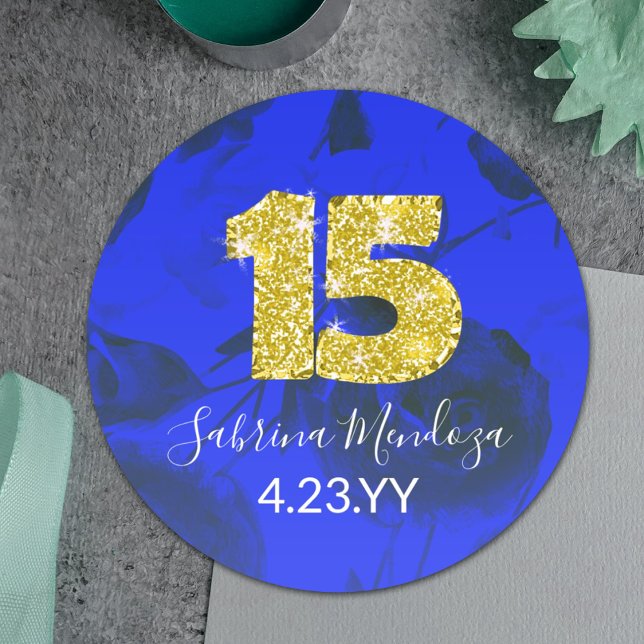 Sapphire Bleu Quinceanera Or #15 Sticker Rond (Royal blue and gold quinceanera number 15 fifteen 15th stickers for party favors envelopes)