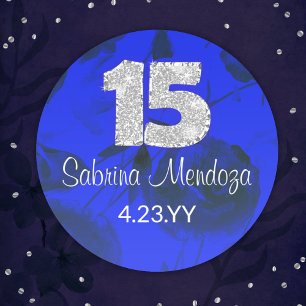 Sapphire Bleu Quinceanera Silver #15 Round Sticker