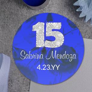 Sapphire Bleu Quinceanera Silver #15 Round Sticker