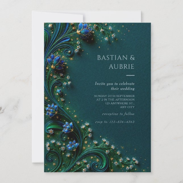 Sapphire Bloom Emerald Wedding Einladung (Vorderseite)