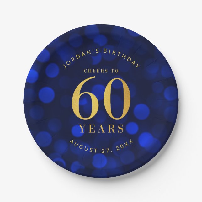 Sapphire Blue Bokeh freut sich auf 60 Jahre Geburt Pappteller (Vorderseite)