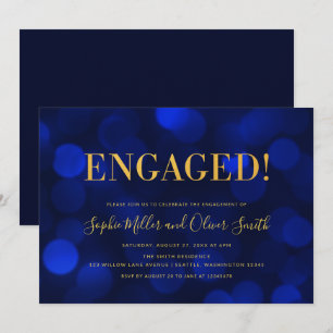 Sapphire Blue Bokeh Imitate Gold Engagement Party Einladung