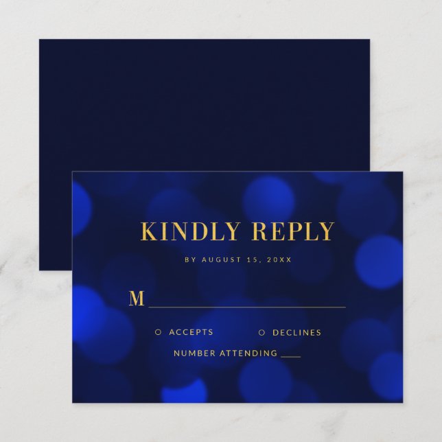 Sapphire Blue Bokeh Lights Gold Wedding RSVP Karte (Vorne/Hinten)