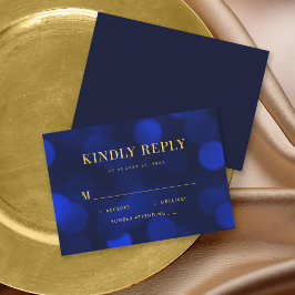 Sapphire Blue Bokeh Lights Gold Wedding RSVP Karte