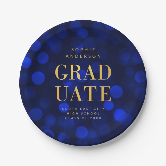 Sapphire Blue Bokeh Lights Imitate Gold Graduate Pappteller (Vorderseite)