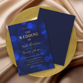 Sapphire Blue Bokeh Lights Imitate Gold Wedding Einladung
