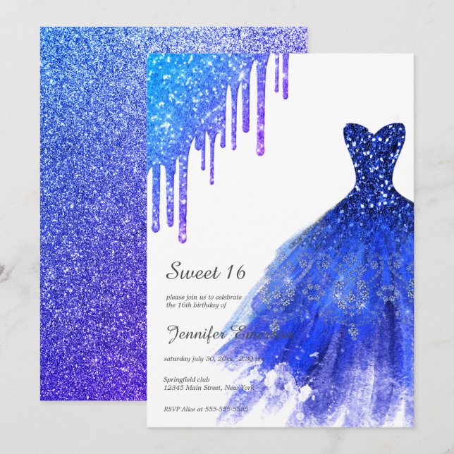 Sapphire Blue Dress Glitzer Tropfens 16 . Geburtst Einladung (Vorne/Hinten)