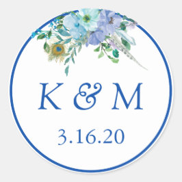 Sapphire Blue Floral Monogram Gastgeschenk Hochzei Runder Aufkleber