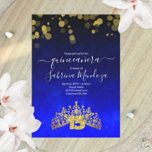 Sapphire Blue, Gold Tiara Quinceanera Einladung