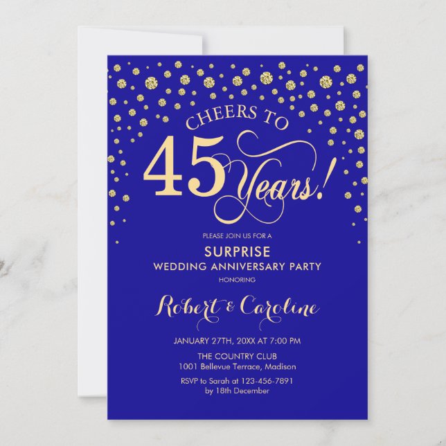 Sapphire Blue Gold Überraschung 45 Jahre Party Einladung (Vorderseite)