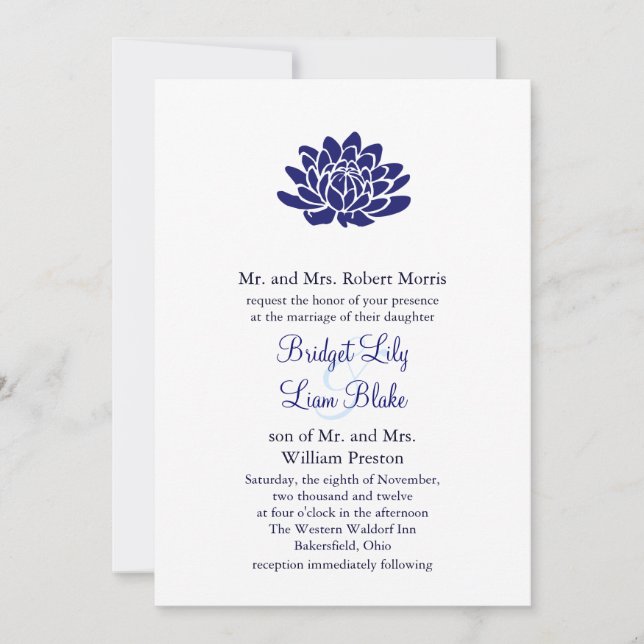 Sapphire Blue Lotus Blume Hochzeit Einladung (Vorderseite)