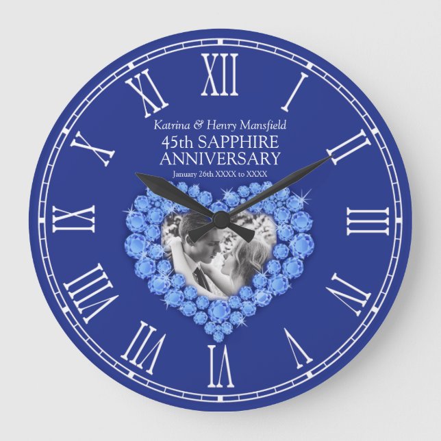 Sapphire blue photo heart 45th wedding anniversary große wanduhr (Vorderseite)