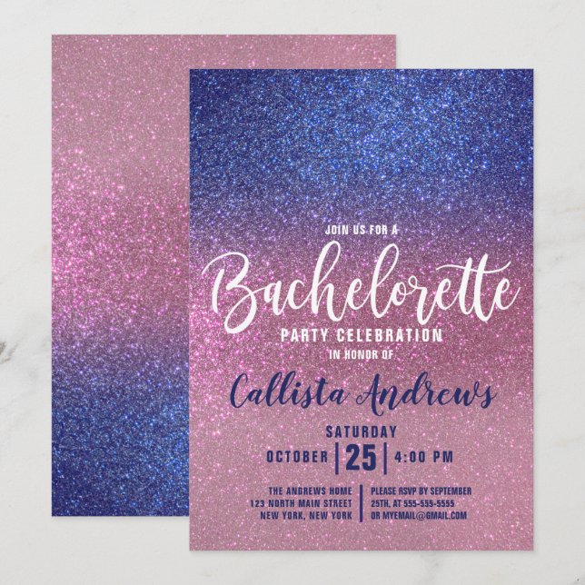 Sapphire Blue Pink Triple Glitzer Bachelorette Einladung (Vorne/Hinten)