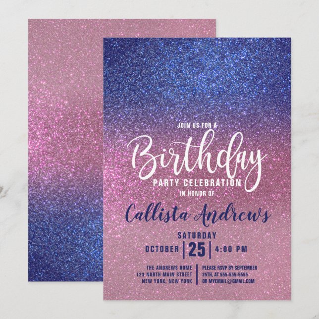 Sapphire Blue Pink Triple Glitzer Ombre Birthday Einladung (Vorne/Hinten)