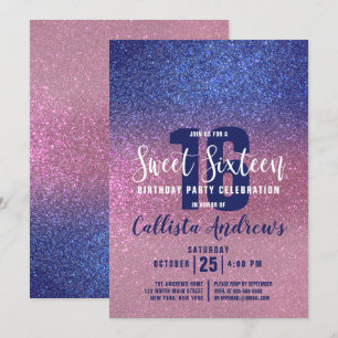 Sapphire Blue Pink Triple Glitzer Ombre Sweet 16 Einladung