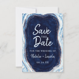Sapphire Blue Rose Gold Geode Agate Marble Moderne Save The Date