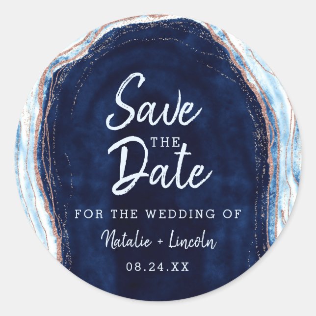 Sapphire Blue Rose Gold Geode Agate Save the Date Runder Aufkleber (Vorderseite)