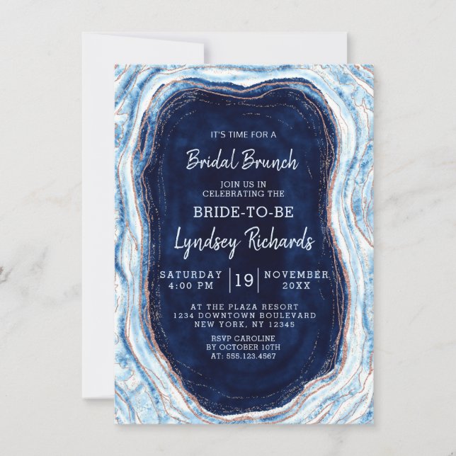 Sapphire Blue Rose Gold Geode Bridal Brunch Dusche Einladung (Vorderseite)