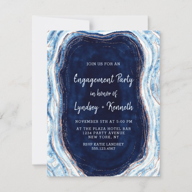 Sapphire Blue Rose Gold Geode Engagement Party Einladung (Vorderseite)