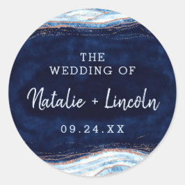 Sapphire Blue Rose Gold Geode Monogram Wedding Runder Aufkleber