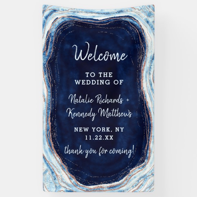 Sapphire Blue Rose Gold Geode Rock Wedding Willkom Banner (Vertikal)