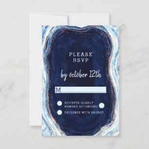 Sapphire Blue Rose Gold Geode Wedding RSVP Antwort