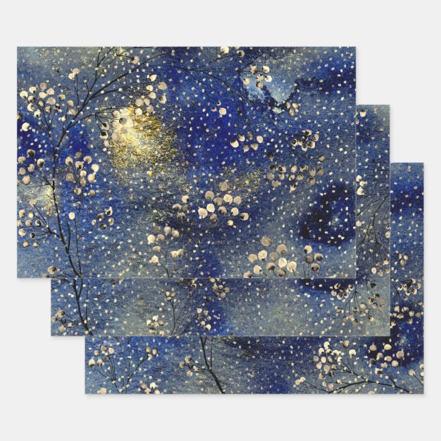 Sapphire Blue Winter Dusk Sky Gold Snowfall Geschenkpapier Set (Set)