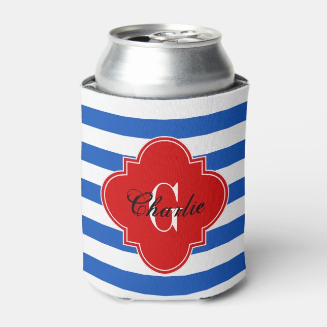 Sapphire Blue Wt Horz Stripe Red NameInit Monogram Dosenkühler (Kanne Vorderseite)