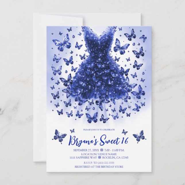 Sapphire Butterfly Dress September Birthstone Einladung (Vorderseite)