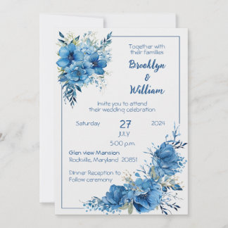 Sapphire Elegance Blue Floral Faire-part de mariag