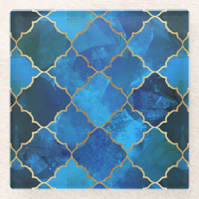 Sapphire Gemstone & Gold marokkanisches Fliesenmus Glasuntersetzer (Vorderseite)