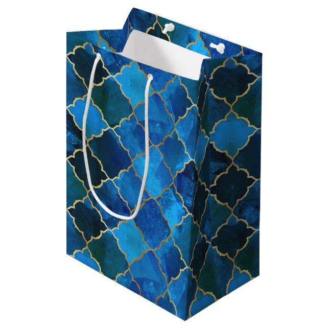 Sapphire Gemstone & Gold marokkanisches Fliesenmus Mittlere Geschenktüte (Vorderseite Schrägansicht)
