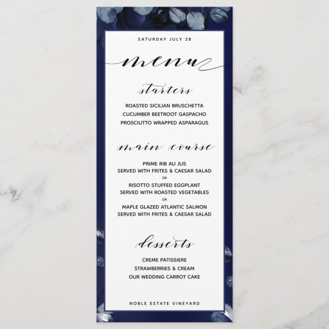 Sapphire Peony Wedding Dinner Menu Menükarte (Vorderseite)
