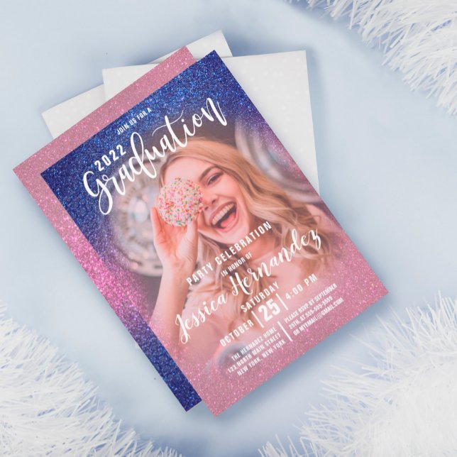 Sapphire Pink Triple Glitzer Foto Abschluss Einladung (Von Creator hochgeladen)