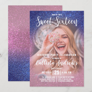 Sapphire Pink Triple Glitzer Ombre Foto Sweet 16 Einladung