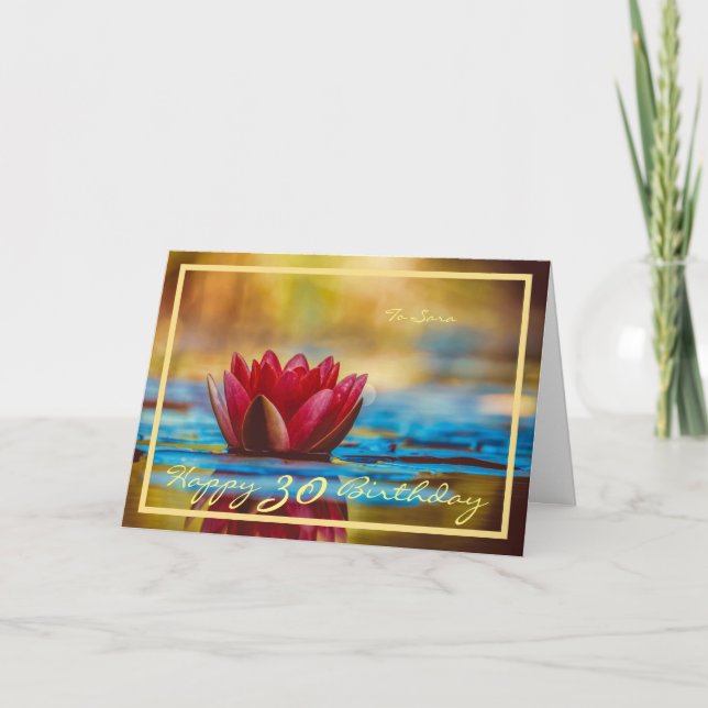 Sara Red Water Lily Eleganter Goldener Rahmen Karte (Vorderseite)