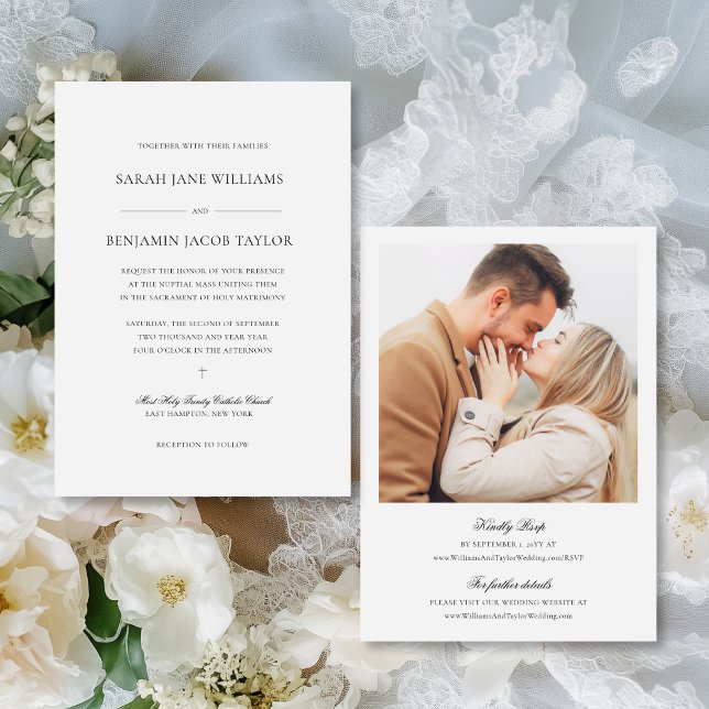 Sarah Catholic Wedding Invitations avec RSVP (This chic, all-in-one wedding invite features a luxe, black & white design and an engagement photo.)
