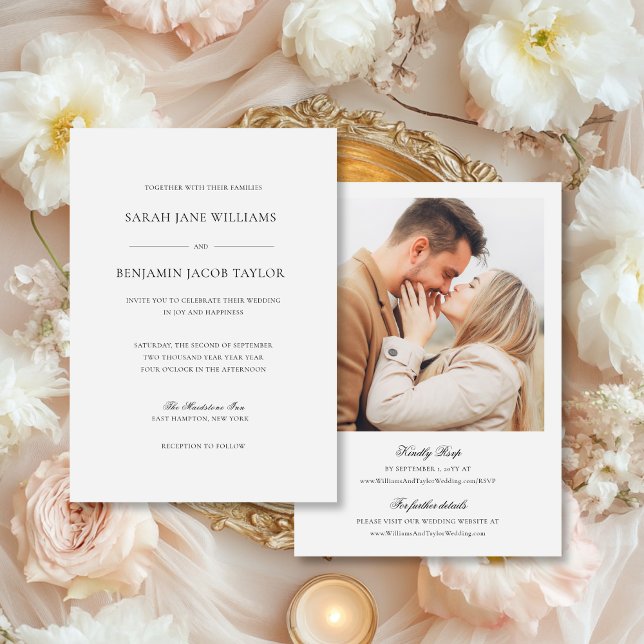 Sarah Elegant Hochzeit Einladungen mit UAWG (This luxury wedding invite with RSVP features an elegant script font and an engagement photo.)