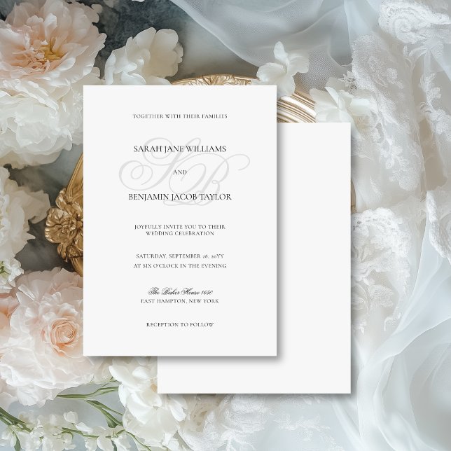 Sarah Elegant Monogram Black & White Wedding Einladung (This elegant, vintage-inspired invite features your monograms in a classic calligraphy script font.)
