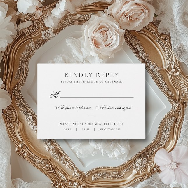 Sarah Elegante Black & White Meal Choice Hochzeit RSVP Karte (This elegant RSVP card is perfect for a vintage or classic wedding.)