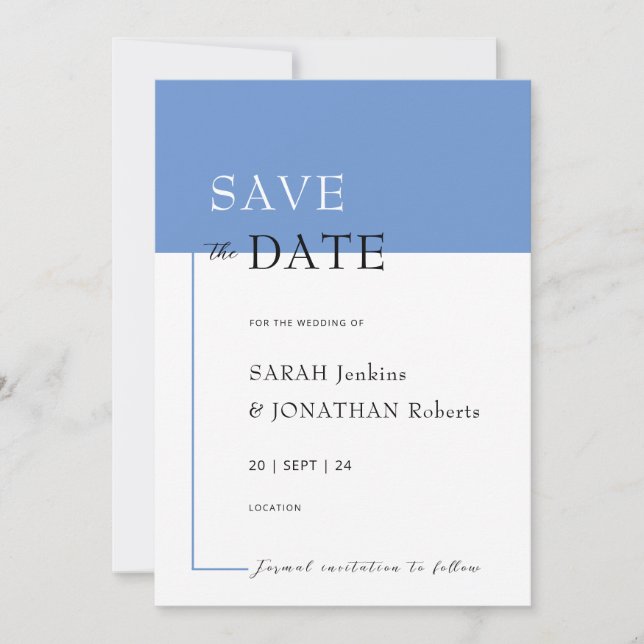 SARAH Modern Blue Minimalistisch Save the Date Car (Vorderseite)