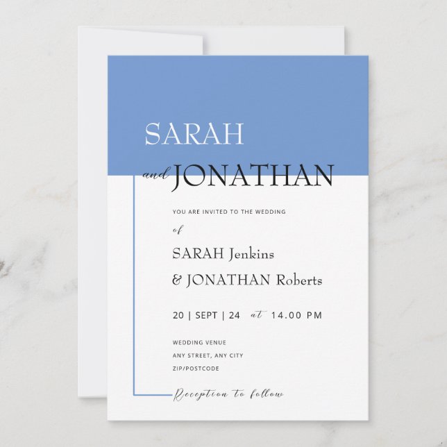SARAH Modern Blue Minimalistisch Wedding Einladung (Vorderseite)